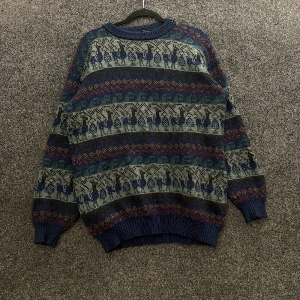 Vintage Alpaca Wool Llama Fair Isle Sweater Mens Navy Blue Boho Crewneck